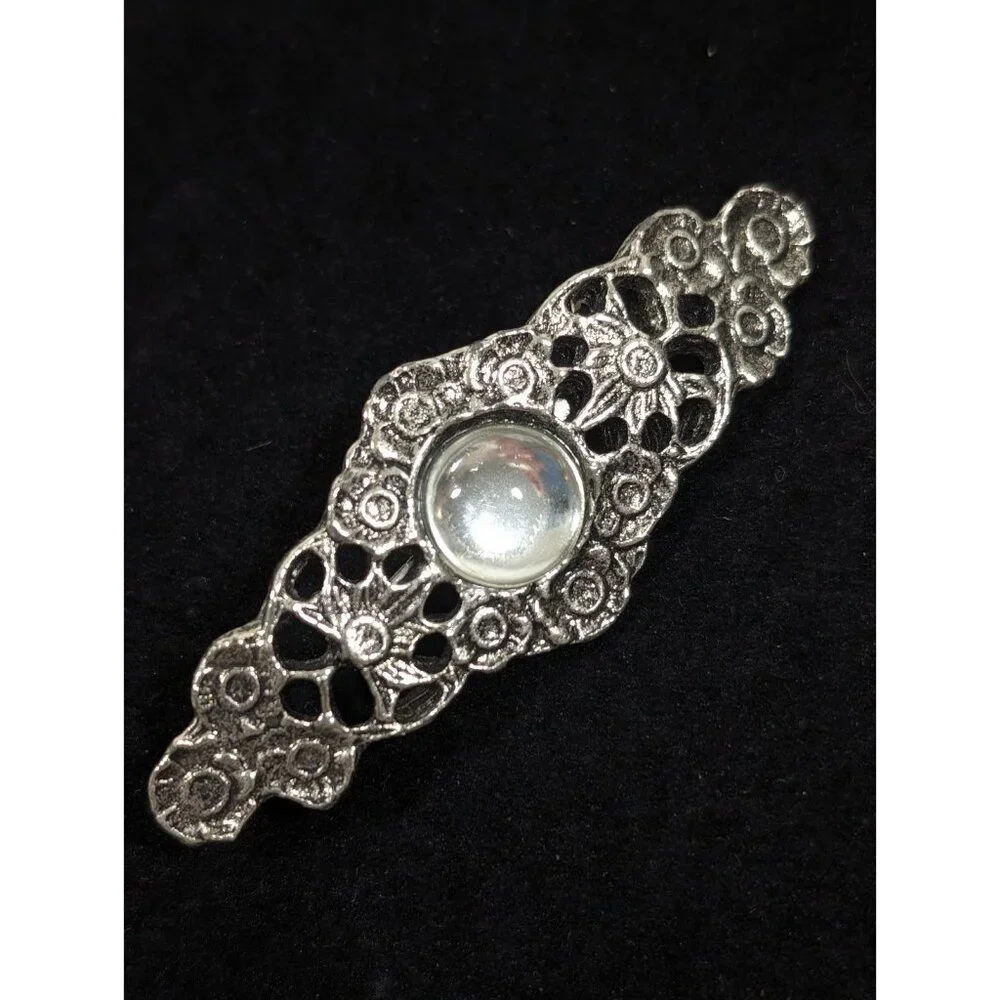 Vintage Victorian Style Floral Bar Brooch Clear Glass Cabochon Pin‎ Silver Tone